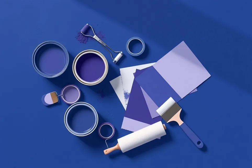Pots de peinture, nuancier, brosses et rouleaux disposés à plat