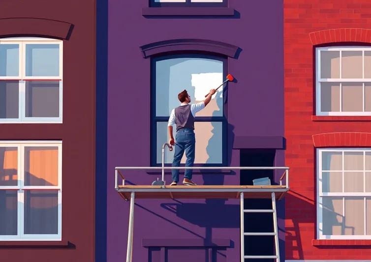 Peintre sur échafaudage traitant la façade d'une maison